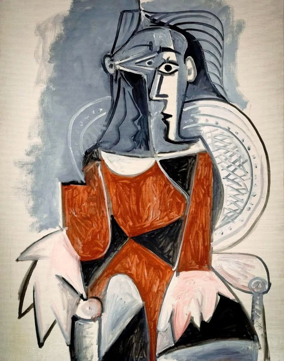 LuizSantosMusic's tweet photo. PICASSO - Femme assise de face, en brun, au fauteuil d'osier (Woman seated facing forward, brown, on a wicker chair)- 1960  Oil on canvas #art #arts 
 Museo Picasso Málaga, Spain https://t.co/4PMk02HCRV