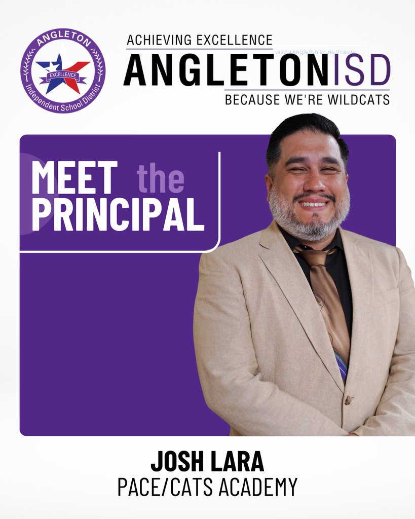 AngletonISD's tweet photo. 🐾 Meet Your Principal! 🐾

Today we're featuring Josh Lara, principal of PACE/CATS Academy! Thank you for your dedication to supporting students and creating opportunities for success both inside and outside the classroom.

Help us wish Mr. Lara a great year! https://t.co/jzMi5zioDv