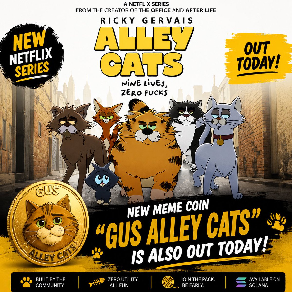 memecoinhenry's tweet photo. I just watched Alley Cats for the first time and i absolutely loved it. So funny and the main character $Gus is the perfect fit for this hilarious show! 100/10 @rickygervais well done! https://t.co/0o28z4Lhat