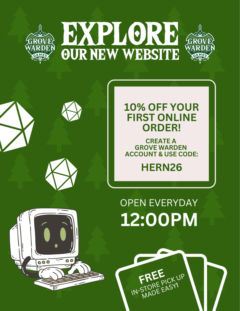 GWardenGames's tweet photo. Our NEW website launches TODAY!
Create a Grove Warden account &amp; get 10% OFF your first online order with code HERNE26!

Free in-store pickup on online orders
MTG: Universes Beyond – The Hobbit singles available online

#MTG #TheHobbit #GroveWardenGames https://t.co/4ZkptHiWSp