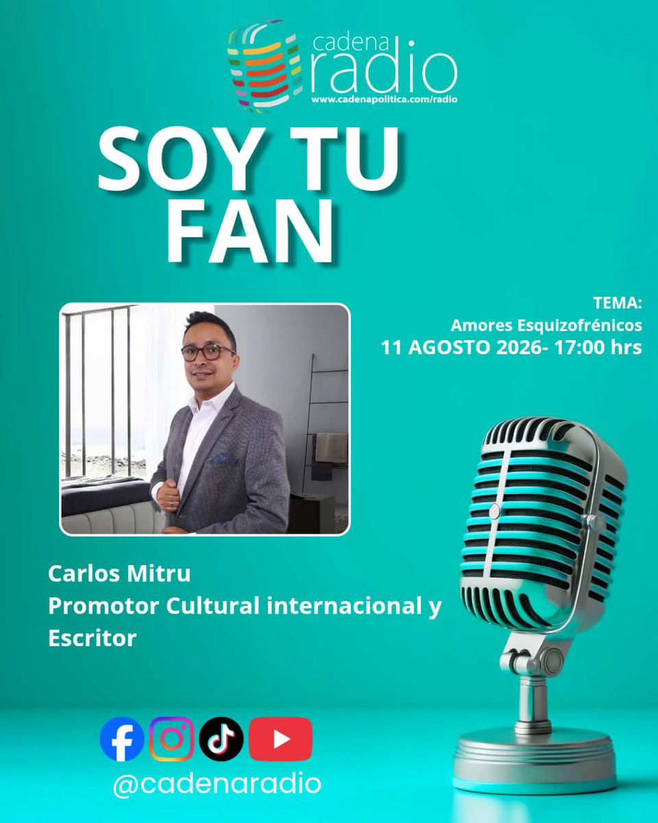CadenaRadioMx's tweet photo. Este martes 11 de agosto de 2026 a las 17:00 horas, no te pierdas el programa Soy Tu Fan... Cuéntanos tu historia, conducido por Arly García con la co-conducción de Barbie Torres. Tendrán como invitado a Carlos Mitru, promotor cultural internacional y escritor https://t.co/kvaOAsJwii