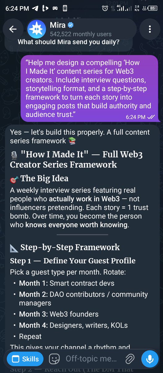 caesar_jn's tweet photo. I Asked @trymira to Build a Web3 Content Series…
I needed more than random posts, I wanted a structured system for growth.
So I asked Mira AI to create a “How I Made It” series for Web3 creators…
The result: • Strategic interview questions
• A powerful storytelling format https://t.co/507VW8yz9l