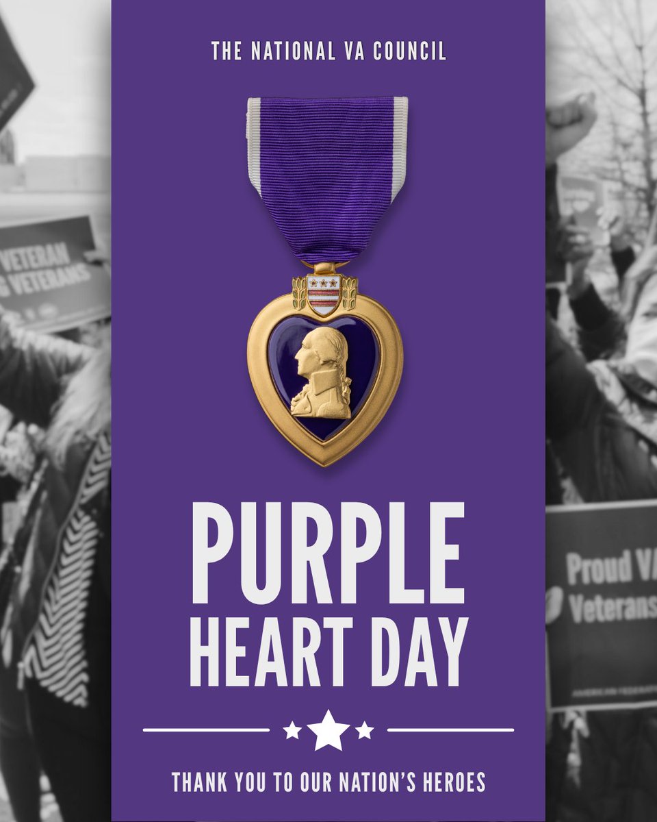 afgenvac's tweet photo. On Purple Heart Day, we recognize the brave military members who have been wounded or killed in the line of service. The National VA Council extends a heartfelt thank you to our nation's Purple Heart recipients and their families. https://t.co/8v1Dl7IMBq