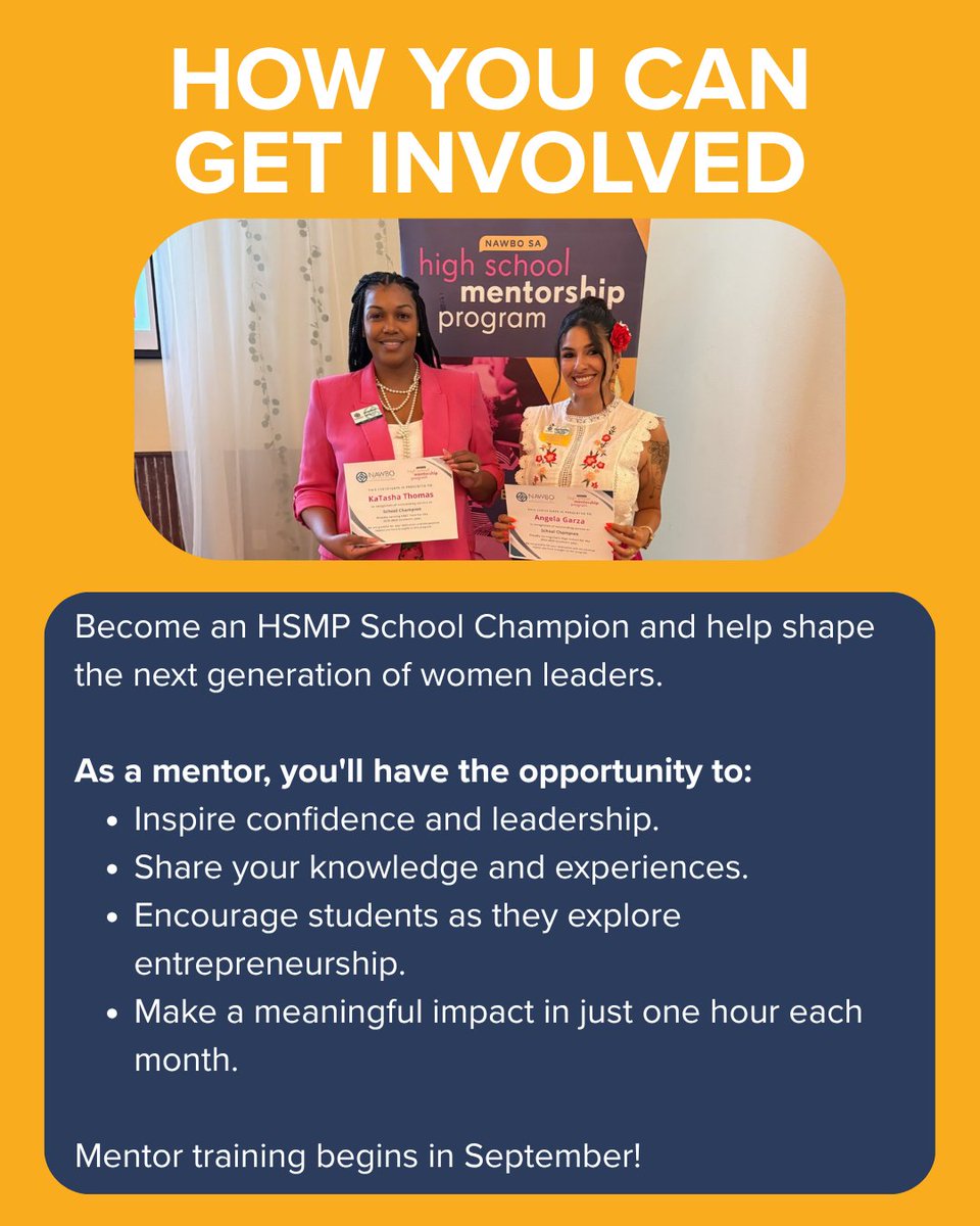nawboSA's tweet photo. Behind the Program: NAWBO SA’s High School Mentorship Program (HSMP) 🎓✨

Mentor training begins this September!

💬 Interested in becoming a mentor or bringing this program to a local school? Visit https://t.co/wCRNgaspqG https://t.co/cuQxYfmfhF