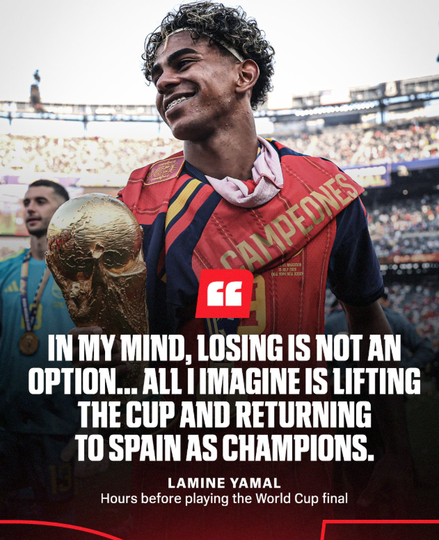 manojnelakuri's tweet photo. Hours before the World Cup final, @LamineYamal was asked if he was nervous.
His reply: “I’m not nervous… I never think about defeat. All I imagine is lifting the trophy.”
He manifested it. Spain are World Champions.

#LamineYamal #WorldCup #Spain #HereWeGo https://t.co/TVw8Bwju88