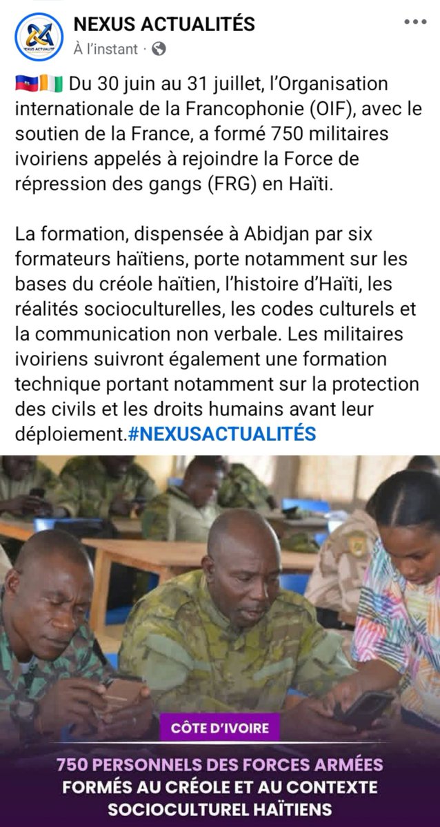 NexusActus509's tweet photo. 🇭🇹🇨🇮 Du 30 juin au 31 juillet, l’Organisation internationale de la Francophonie (OIF) @OIFrancophonie, avec le soutien de la France, a formé 750 militaires ivoiriens appelés à rejoindre la Force de répression des gangs (FRG) en Haïti.#NEXUSACTUALITÉS https://t.co/5dmEbXmRzU