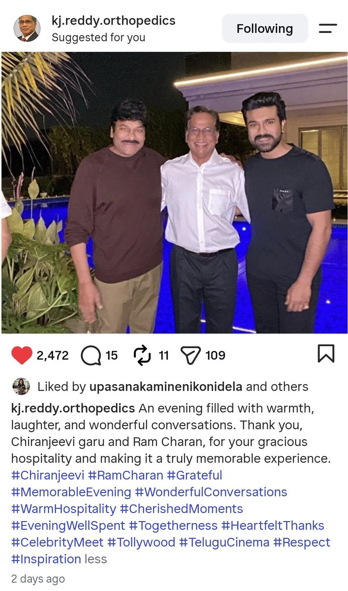 MygodVenkanna's tweet photo. Famous Orthopedic surgeon Dr KJ Reddy Instagram post about meeting with Megastar Chiranjeevi and New Age Megastar Ram Charan

@KChiruTweets 
@AlwaysRamCharan 

#MegastarChiranjeevi 
#GlobalStarRamCharan https://t.co/9XxwpRCqYF