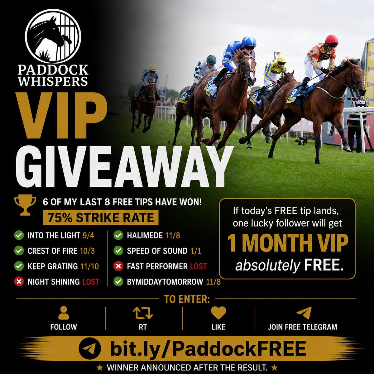 PaddockToPocket's tweet photo. 🔐 VIP GIVEAWAY 🔐

My FREE tips are flying! 🙌🏻

6 of my last 8 have WON - 75% strike rate! 🥵

If Saturday's FREE tip lands, one of you wins 1 MONTH VIP absolutely FREE. 💎

To enter 👇🏻

🤝 Follow
🔁 RT
❤️ Like
📲 Join FREE Telegram
https://t.co/PBsvohMF8S https://t.co/ZVpH0BtLjG