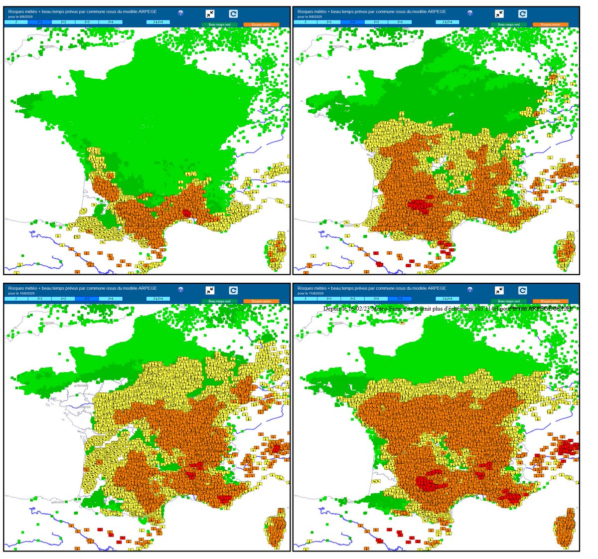 meteophile's tweet photo. Prévisions risques météorologiques & beau temps (vert) #meteolab, par commune par le modèle ARPEGE de samedi à mardi.
Canicule & orages sur le 1/4 sud-ouest
https://t.co/iHJyB5yhB6 https://t.co/4thTW73hF9