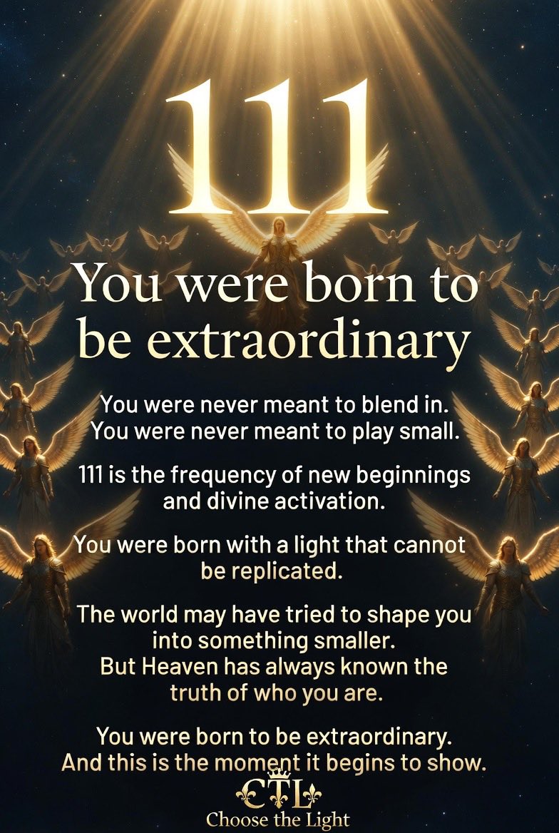findinmyway2luv's tweet photo. ✨111✨

You were born to be extraordinary!❤️‍🔥

You were never meant to blend in.

You were never meant to play small.

You were never meant to dim the light just to make others comfortable.

111 is the frequency of new beginnings and divine activation.

It is the confirmation that the version of you that was waiting is now rising.🌟

It is the signal that Heaven is calling the extraordinary out of you.

You were born with a light that cannot be replicated.

You were born with a purpose that cannot be cancelled.⚔️

You were born with a strength that the ordinary path could never contain.

The world may have tried to shape you into something smaller.

It may have told you to quiet down, fit in, or wait your turn.

But Heaven has always known the truth of who you are.🪽

You are not average.

You are not behind.

You are not ordinary.

You were born to be extraordinary.

And this is the moment the extraordinary begins to show.😇