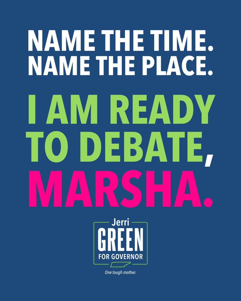 Jerri_M_Green's tweet photo. It's been 294 days since we first asked @VoteMarsha to debate. Now that we've secured the nomination, voters are owed the opportunity to hear from both of us. If she can't answer to voters, she can't be trusted to lead. https://t.co/5kWlC7ltUB