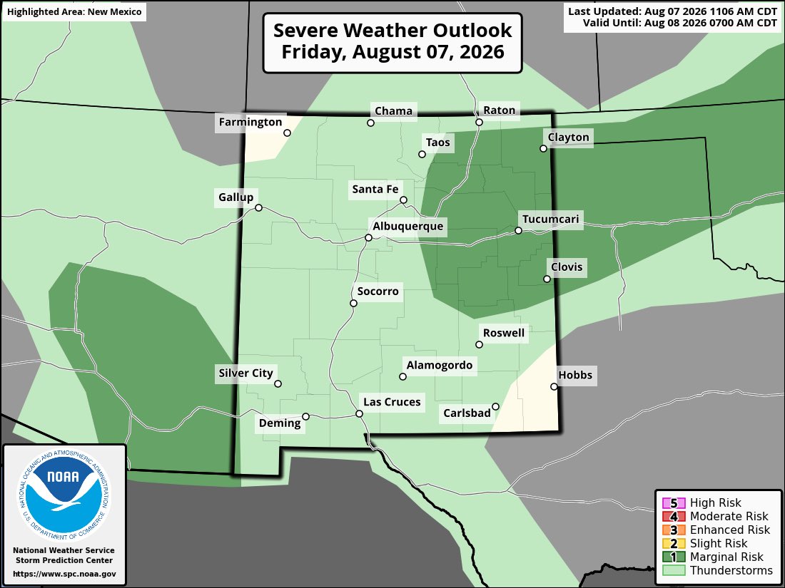 ByronKOAT's tweet photo. Thunderstorms ⛈️ with damaging wind and hail possible over eastern New Mexico for today (8-7-2026). Hear thunder , take cover inside! @koat7news https://t.co/DiMR0KJ1I2
#Monsoon #NMwx https://t.co/TD2OHwzxn1