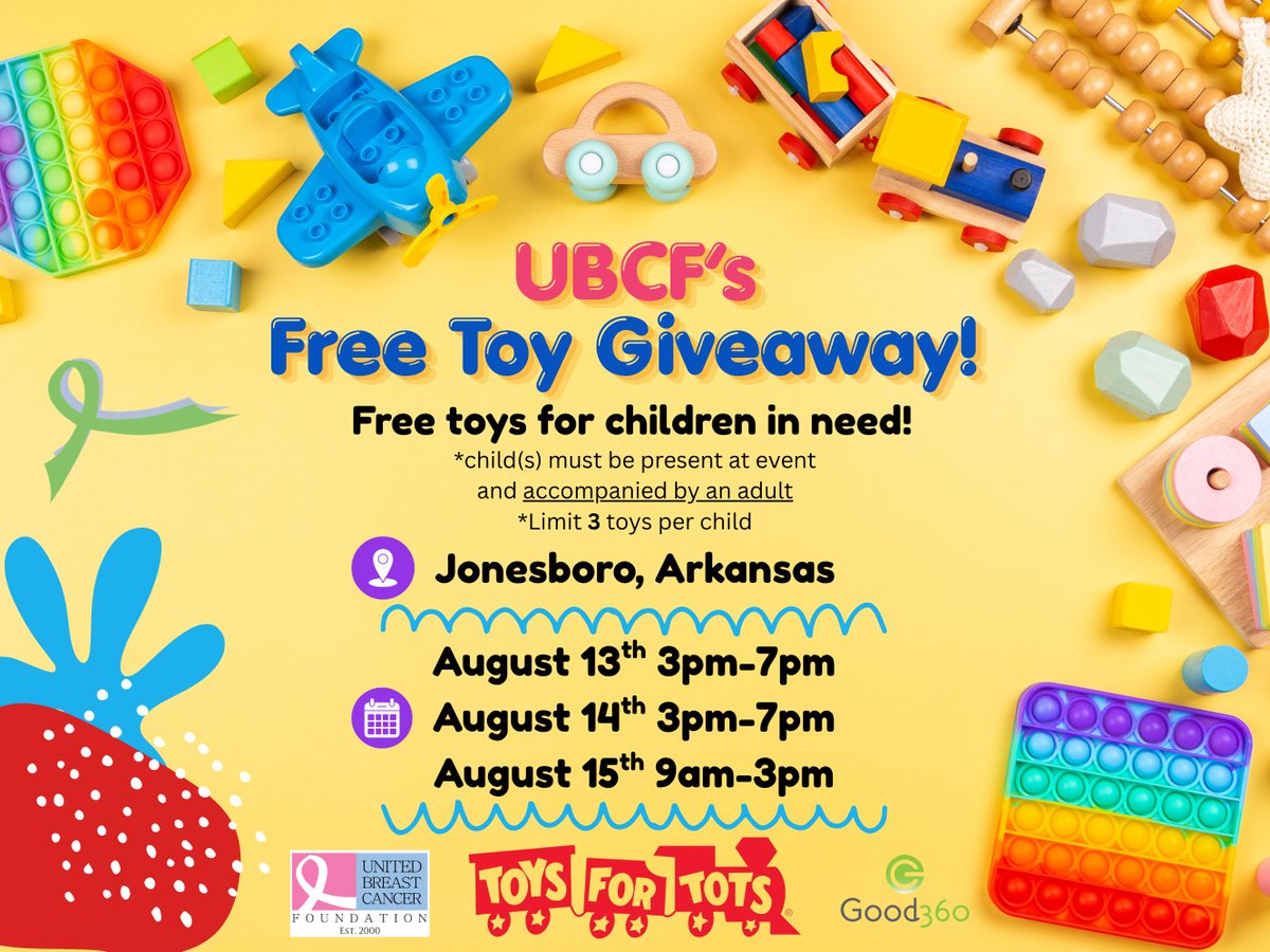 UBCF's tweet photo. ๐Join us Aug. 13โ15 at our Jonesboro headquarters for our Toys for Tots Toy Giveaway! Toys for children of all ages available while supplies last. We look forward to seeing you! ๐ #UBCF #Jonesboro #ToysForTots #Arkansas https://t.co/9gN4wJeyEL