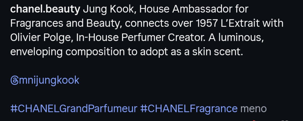 LadyNeP6's tweet photo. Chanel Beauty:
House Ambassador for Fragrances and Beauty @BTS_twt @bts_bighit
#JungKook #JeonJungKook #Jk #Jungkookie #GoldenMaknae #Kookie #JKey #JungKookxChanel #JkChanel #ChanelBeauty #CHANELGrandParfumeur
#CHANELFragrance
https://t.co/48bAZla5Rv https://t.co/6HfkYkivCq