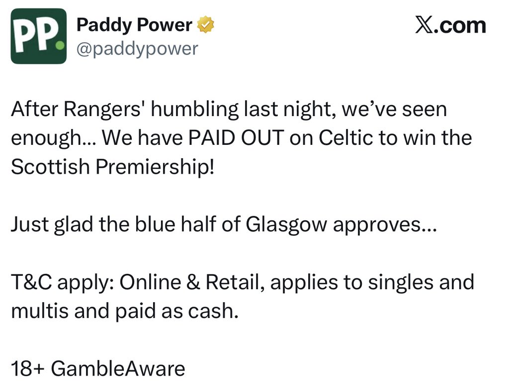 NS_1872's tweet photo. Paddy Power love the early payout gimmick for Celtic, but they drag the arse out of paying the elderly women that had won over a million pounds. She took them to court and won.

If you ask them about it, they block you. 

https://t.co/qW9rxzbn2u https://t.co/gjGLHzYVuZ