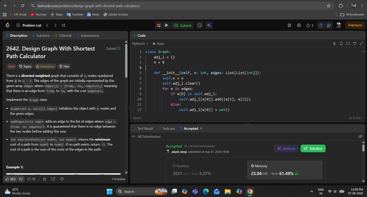 _deep_star's tweet photo. Hello All, I completed #Day948 of #365DaysofCode Challenge with @scaler_official
Question: Design Graph With Shortest Path Calculator
discord link: https://t.co/KZjzYqsRFf
#letsconnect #scalerdiscordcommunity #codewithscaler #365daysofcodescaler #365DaysofCode https://t.co/bfwPcpgVpr