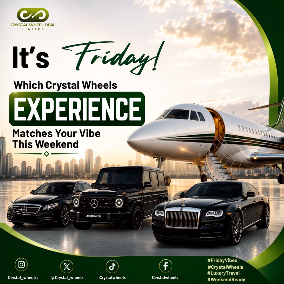 abuja_gist's tweet photo. IT’S FRIDAY! WHICH CRYSTAL WHEELS EXPERIENCE MATCHES YOUR VIBE?

Whether you're heading to a business meeting, a weekend getaway, or simply want to ride in style, @Crystal_Wheels Deal Limited has an experience for you.

Which one are you choosing this weekend? 
Drop your choice in the comments! 👇🏽

#CrystalWheels #FridayVibes #LuxuryRide #ExecutiveRide #Abuja #LuxuryTravel #WeekendVibes #CarRental #AbujaCars