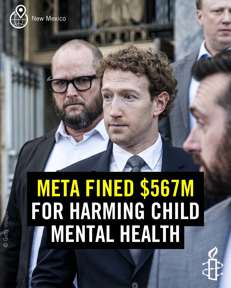 amnesty's tweet photo. A New Mexico judge ordered Meta to pay $576M and make changes to its Instagram and Facebook platforms to improve safety for young users and address harms that Meta’s social media platforms caused to their mental health. This fine accompanies a $375M fine that was ordered in March for misleading users over child safety.

This is an action that we at Amnesty International have been calling for. Major social media platforms have been designed to maximize engagement and profit, while failing to adequately protect children's rights. Now, Meta will be required to change aspects of its platform design to better safeguard young users, while the funds from the settlement will support treatment services for young people in New Mexico.