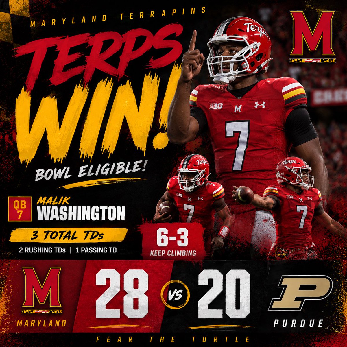 RZTerps's tweet photo. Terps get to bowl eligibility, beating the Boilermakers 28-20 on the road. The back stretch of the schedule is the toughest collection of games. Terps face Wisconsin, USC, and Penn State to close. https://t.co/y5NlPpv2pV