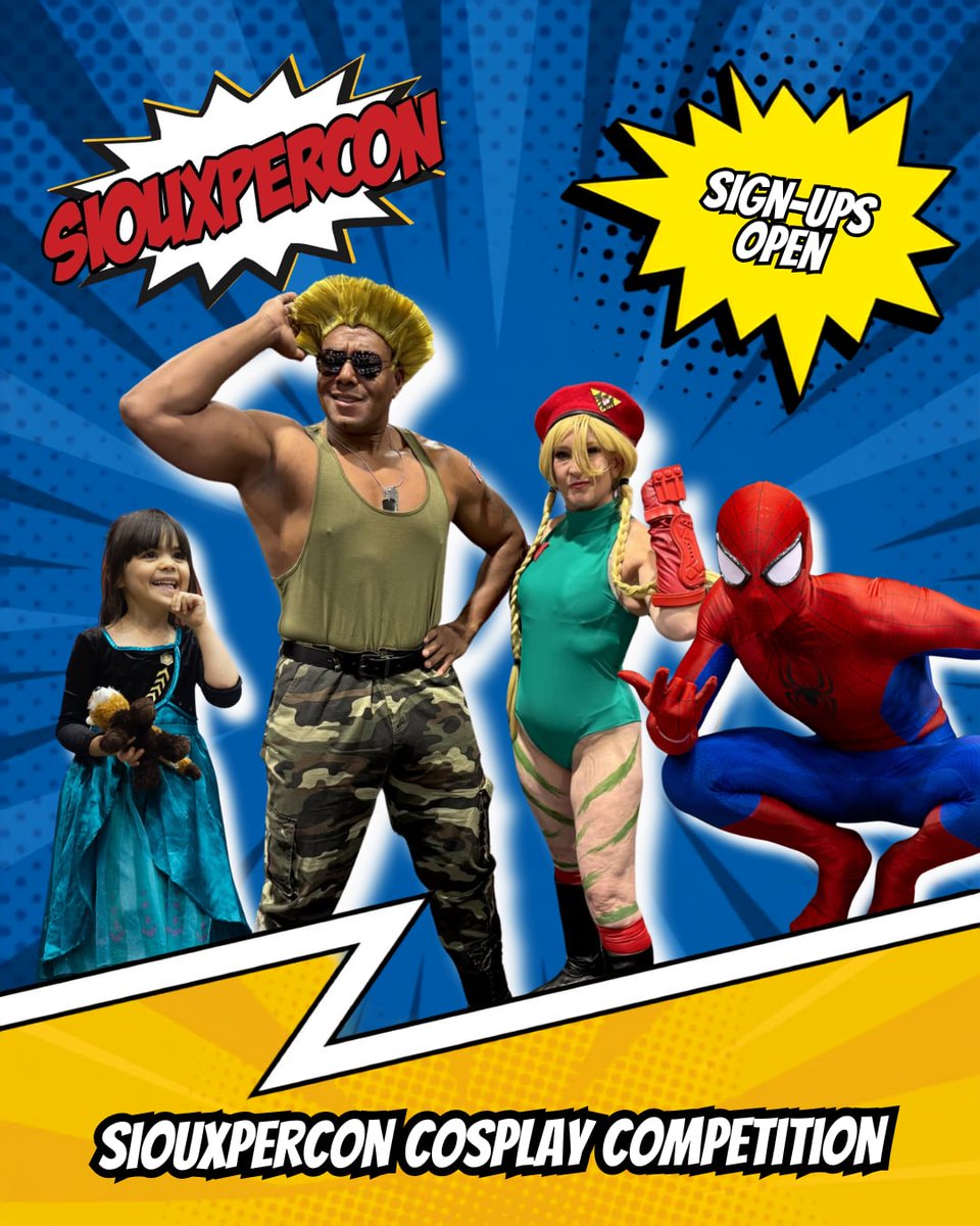 SiouxperCon's tweet photo. Your moment on the SiouxperCon Main Stage is calling. 📣
Cosplay Competition registration is now live! Grab your spot now ➡https://t.co/5QiEMtX3bE https://t.co/BmNzVkDTXq