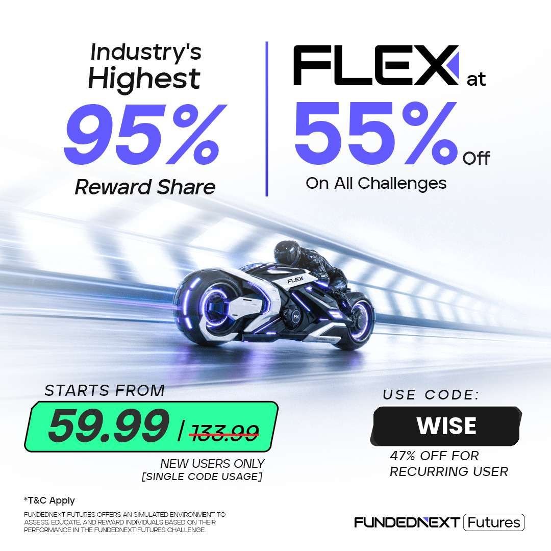 LegendDevaa's tweet photo. FLEX by @fnfutures is now 55% OFF
New users get 55% OFF. Existing users get 47% OFF.

Use code WISE on any FLEX Challenge.
50K - $59.99
100K - $112.50
150K - $217.80

You still keep the industry's highest 95% Reward Share. https://t.co/8wHnfbDKDj
