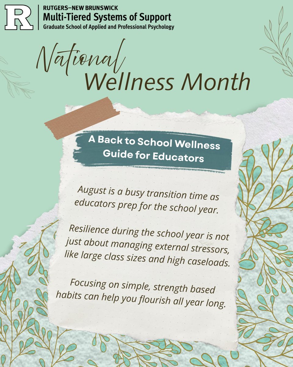 rutgersmtss's tweet photo. August is #NationalWellnessMonth! To help educators start the school year feeling grounded, the team at Rutgers MTSS put together a quick Back-To-School Wellness Guide.

Visit our website to learn more: https://t.co/xhJq8Z1ISW https://t.co/jPoh3Rio8O