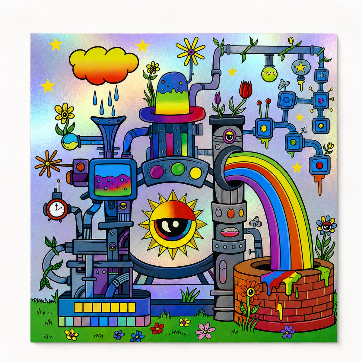 ProbCause's tweet photo. New ProbCause Print just dropped!! Drew this based on me and GRiZ song Rainbow Machine cause how could I not draw a fricken Rainbow Machine! 😂😂😂 grab some handmade art for the crib ❤️🌈 available for 24 hours! https://t.co/kPjNMeMPDB