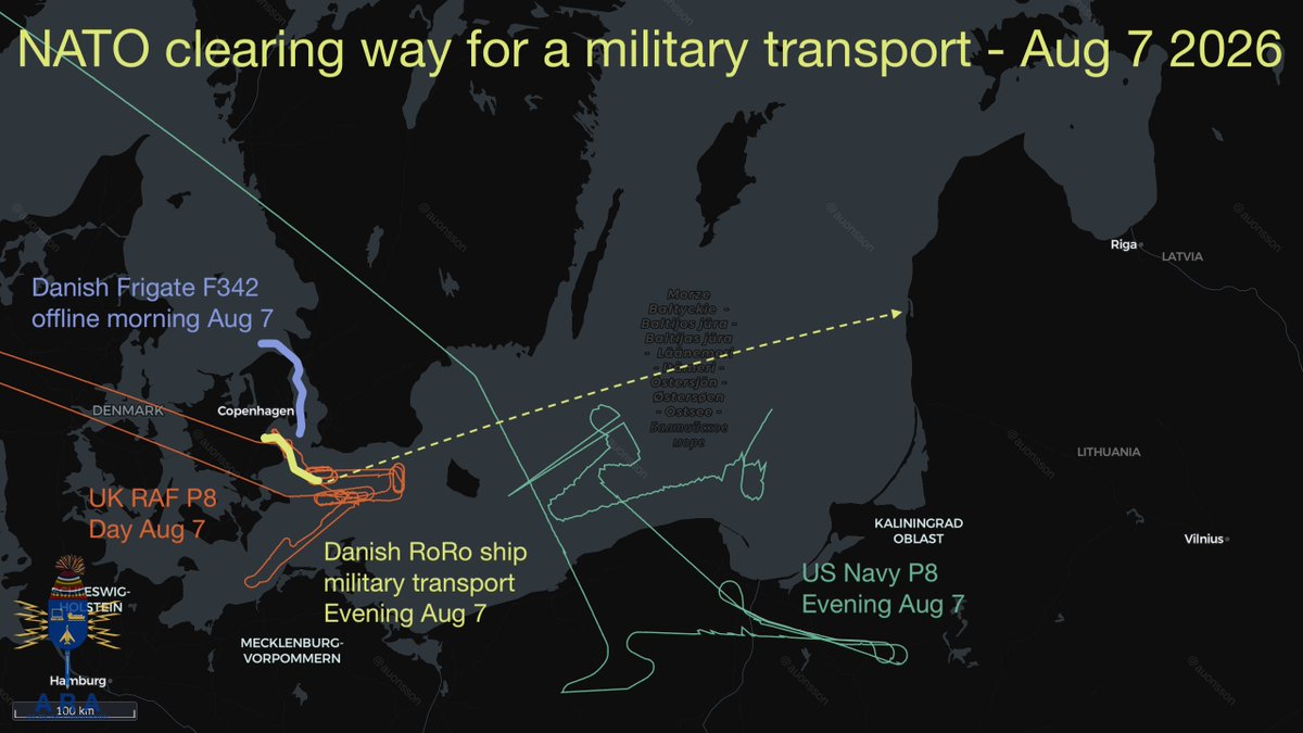 auonsson's tweet photo. A UK P8 maritime patrol aircraft spent 6 hours finecombing SW Baltic Sea for enemy units, above and below surface, before command would let the ship ARK GERMANIA leave Køge port for a transport of military units across Baltic Sea. Another P8 covering ahead.

Threat level, raised? https://t.co/vLbobPTDwl