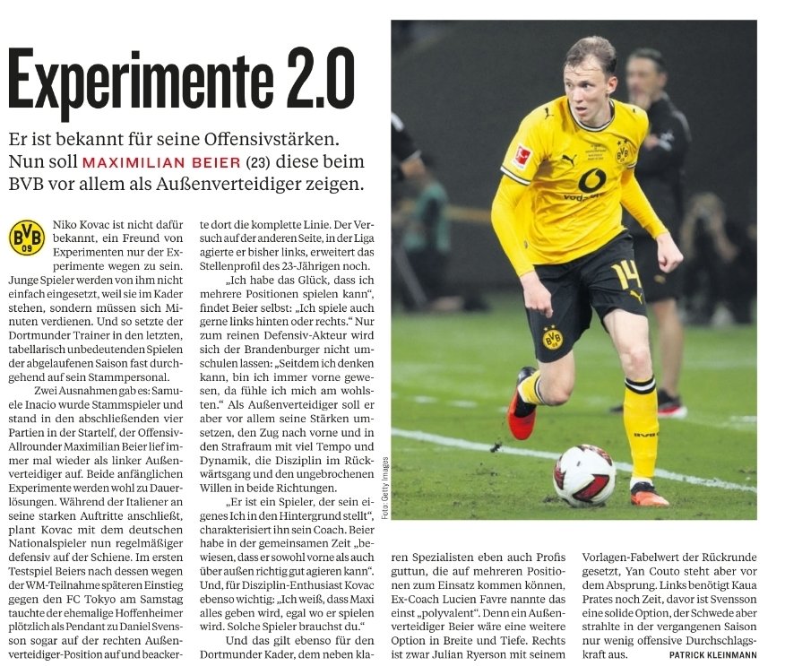 BehVauBehNews's tweet photo. Beitrag aus der Kicker (07.08.26)
#bvb #dortmund #Bundesliga #borussia #bellingham #asllani #FIFACWC #sancho #FIFAWorldCup #kovac #schlotterbeck #Kovac #adeyemi #Guirassy #westfalenstadion #kicker #ChampionsLeague #reggiani #ricken #nrw #signalidunapark #reus #prates https://t.co/SuHcqa4nOi