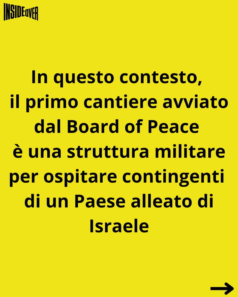 insideoverita's tweet photo. Il primo contratto assegnato dal Board of Peace di Trump per la ricostruzione di Gaza non è per case, ospedali, infrastrutture civili ma per una base militare destinata a ospitare un contingente di soldati marocchini. 

Il Board of Peace ha stipulato un contratto per la costruzione di un avamposto militare da 150 posti destinato ad ospitare le truppe marocchine.

Lo rivela il giornale britannico The Guardian, secondo cui l'appalto, ancora in fase di finalizzazione, è stato affidato ad Arkel International, società della Louisiana che in passato ha lavorato con il governo USA in Paesi come l'Iraq.

Il Marocco ha acconsentito a schierare truppe a Gaza nell'ambito delle Forze Internazionali di Stabilizzazione (ISF), create per controllare Gaza per conto di Israele e degli Stati Uniti.

In una e-mail inviata al Guardian , un funzionario del Board of Peace ha scritto che l'ente è "nelle fasi finali della preparazione di diverse assegnazioni di contratti. Nessuno è stato ancora finalizzato. Questo contratto sarà uno dei tanti essenziali per il futuro di Gaza.”

Il contratto prevede la costruzione di una base di 100 metri per 120 metri destinata ad ospitare le truppe marocchine che si alterneranno da una base in Israele. 

La base delle Forze di Sicurezza israeliane (ISF) sorgerebbe a circa 2 chilometri dal confine israeliano, nella porzione del 60% della Striscia di Gaza direttamente occupata dall'esercito israeliano.

Il Board of Peace, istituito a gennaio per guidare la ricostruzione della Striscia, è presieduto dallo stesso Trump e comprende, tra gli altri, il genero Jared Kushner e l'inviato Steve Witkoff. 

Oltre il 95% degli edifici della Striscia è stato distrutto o gravemente danneggiato dall’IDF durante il genocidio e la maggior parte dei due milioni di abitanti continua a vivere in campi di fortuna, privi di condizioni igieniche adeguate. 

In questo contesto, il primo cantiere avviato dal Board of Peace è una struttura militare per ospitare contingenti di un Paese alleato di Israele.

#marocco #israel #boardofpeace
