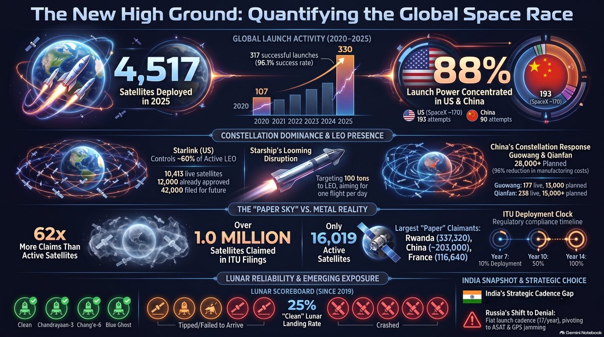 SafiAhsanRizvi's tweet photo. The Space Race:

1. Concentration Risk: US and China made 88% of orbital launches in 2025, while Russia, having lost much of its capacity to war and sanctions, targets weaponisation of space

2. Spectrum filings with ITU are a must: 1 million filings - 200k each by US and China, 100k by France, 340k by Rwanda (!)

3. US capacity runs the key-person risk: all LEO sats concentrated in one man, Elon Musk, while Chinese capacity is diversified

4. Space is now critical infrastructure - for science, commerce, welfare and war. And much of the metal up there is dual-use

My 17th substack - https://t.co/j6Z5ZwjVFt