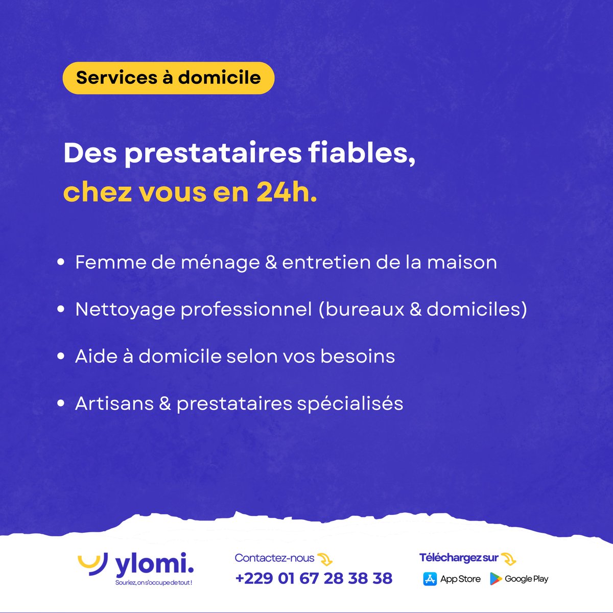 YlomiApp's tweet photo. Des prestataires fiables, chez vous en 24h !

Femme de ménage, nettoyage professionnel, aide à domicile ou prestataire spécialisé : YLOMI vous aide à trouver le professionnel adapté à votre besoin.

📲 +229 01 67 28 38 38 | Téléchargez l’application YLOMI. https://t.co/myg5NPawYP