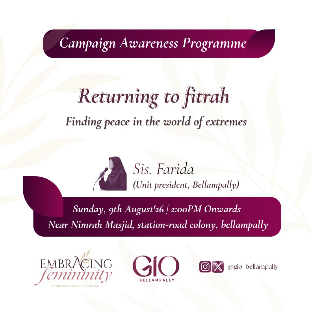 GIO_Bellampally's tweet photo. In a world of extremes, return to the balance of your fitrah.
Join us for an inspiring awareness session on "Returning to Fitrah: Finding Peace in the World of Extremes."
The world pulls you in every direction.
Fitrah brings you back home.
#EmbracingFemininity #ReturningToFitrah https://t.co/7ayAl4IGD6