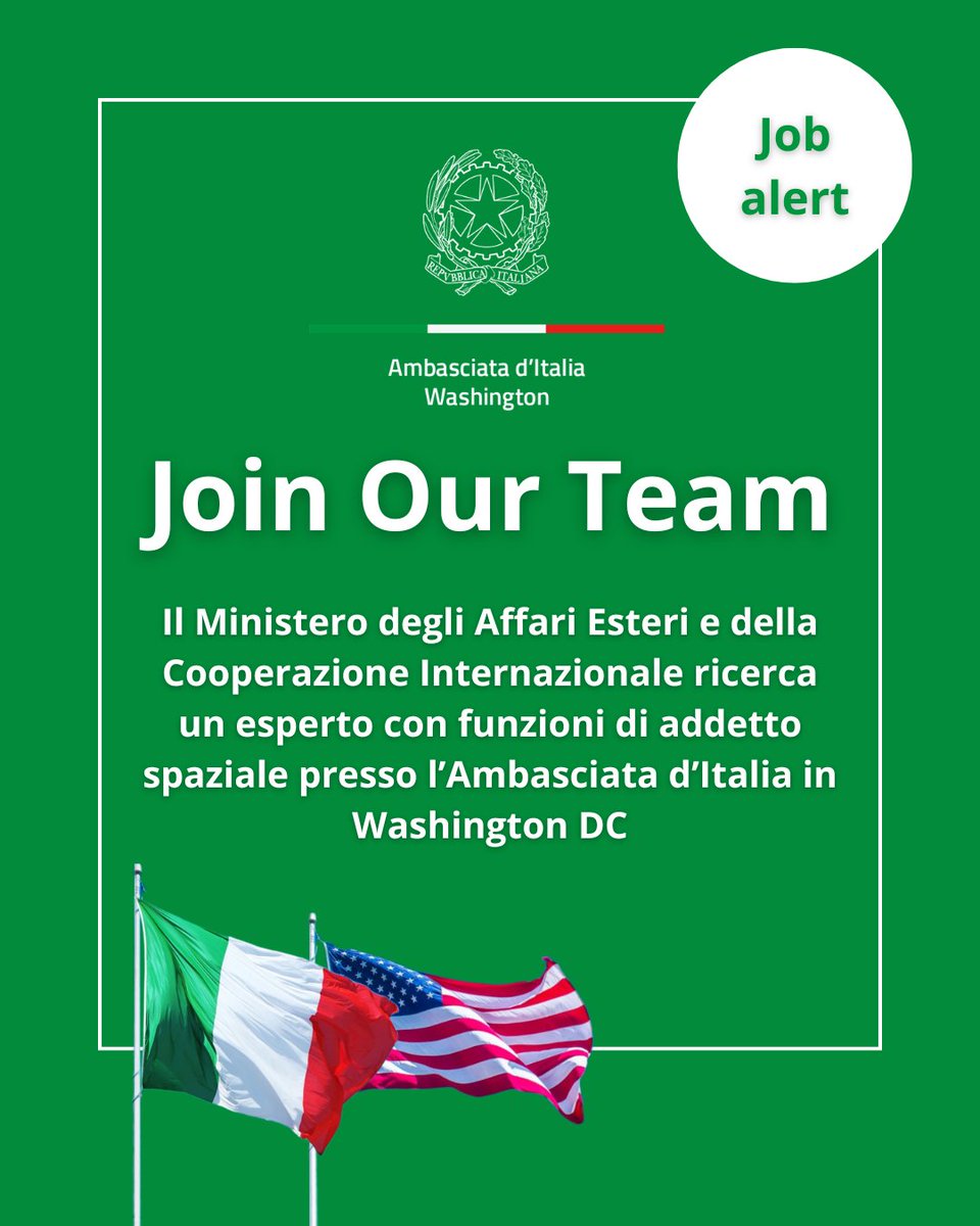 ItalyinUS's tweet photo. Join Team Italia in Washington DC!
Procedura selettiva per l’incarico di esperto con funzioni di addetto spaziale presso l’Ambasciata d’Italia in Washington.
Per maggiori informazioni: https://t.co/vT0jF1VptZ https://t.co/CeulFfa0ET