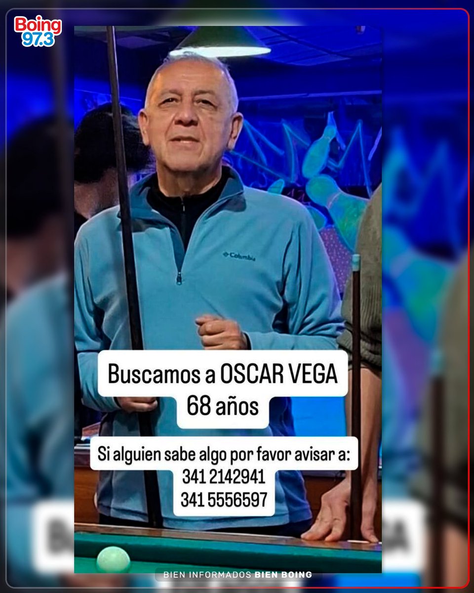 radioboing's tweet photo. 🚨 BUSCAN A UN HOMBRE DE 68 AÑOS DESAPARECIDO EN ROSARIO

🔎 Oscar Vega, de 68 años, es buscado intensamente por su familia y la Policía luego de que desapareciera el miércoles 5 de agosto en Rosario. El último registro confirmado corresponde a una compra realizada en un comercio de Presidente Roca al 1400.

📍 Según sus allegados, el último movimiento registrado en su cuenta de Gmail fue cerca de las 19:30 en la zona de bulevar Seguí y Espinillo. Desde entonces no volvieron a tener contacto con él y no pudieron establecer su recorrido.

👕 Al momento de desaparecer, Oscar habría llevado campera negra, jeans y borcegos. Su familia ya recorrió hospitales, comisarías, el SIES y la morgue, mientras continúa difundiendo su imagen para intentar obtener información.

📞 Quienes puedan aportar datos pueden comunicarse al 341 214-2941 o 341 555-6597. También pueden dar aviso al 911 o a la comisaría más cercana.