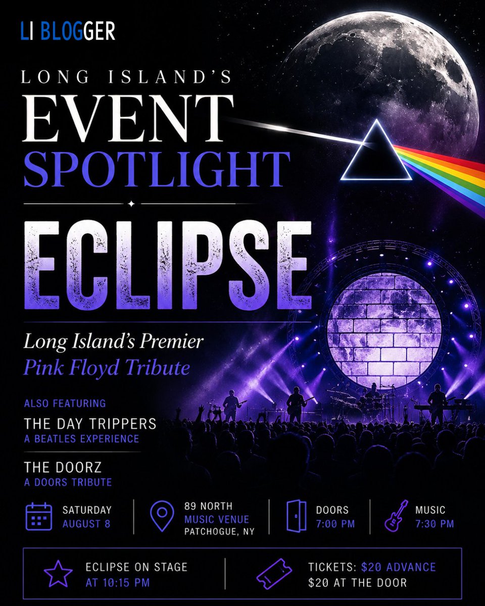 RaeParth2's tweet photo. Classic rock takes over Patchogue this Saturday! 🎸
Catch ECLIPSE — Long Island’s Premier Pink Floyd Tribute — live at 89 North.
📅 Aug 8 | 7 PM
📍 Patchogue, NY
🎟️ $20
Save your Saturday night plans! 🤘
#LongIsland #Patchogue #LiveMusic #LIBlogger https://t.co/XvIEc61CQs