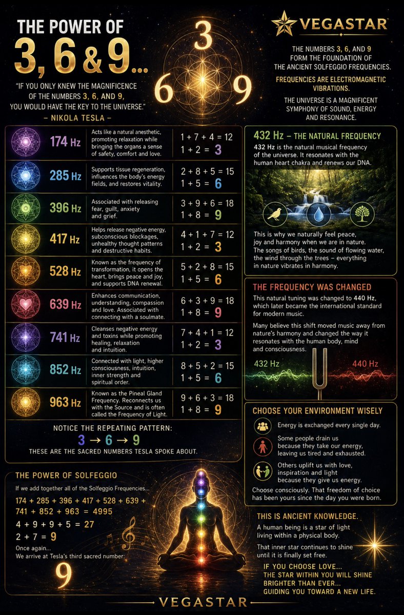 vegastarr's tweet photo. The Power Of 3, 6 & 9… ✨

“If You Only Knew The Magnificence Of The Numbers 3, 6, And 9, You Would Have The Key To The Universe.”
— Nikola Tesla

The numbers 3, 6, and 9 form the foundation of the ancient Solfeggio Frequencies.

Frequencies are electromagnetic vibrations.

The universe itself is a magnificent symphony of sound, energy, and resonance.

174 Hz

This frequency acts like a natural anesthetic, promoting relaxation while bringing the organs a sense of safety, comfort, and love.

1 + 7 + 4 = 12 = 1 + 2 = 3

285 Hz

This frequency supports tissue regeneration, influences the body’s energy fields, and restores vitality.

2 + 8 + 5 = 15 = 1 + 5 = 6

396 Hz

A frequency associated with releasing fear, guilt, anxiety, and grief.

3 + 9 + 6 = 18 = 1 + 8 = 9

417 Hz

This frequency helps release negative energy, subconscious blockages, unhealthy thought patterns, and destructive habits.

4 + 1 + 7 = 12 = 1 + 2 = 3

528 Hz

Known as the frequency of transformation, it opens the heart, brings peace and joy, and supports DNA renewal.

5 + 2 + 8 = 15 = 1 + 5 = 6

639 Hz

This frequency enhances communication, understanding, compassion, and love. It is also associated with strengthening relationships and connecting with a soulmate.

6 + 3 + 9 = 18 = 1 + 8 = 9

741 Hz

A cleansing frequency believed to remove negative energy and toxins while promoting healing, relaxation, and intuition.

7 + 4 + 1 = 12 = 1 + 2 = 3

852 Hz

A frequency connected with light, higher consciousness, intuition, inner strength, and spiritual order.

8 + 5 + 2 = 15 = 1 + 5 = 6

963 Hz

Known as the Pineal Gland Frequency, it reconnects us with the Source and is often called the Frequency of Light.

9 + 6 + 3 = 18 = 1 + 8 = 9

Notice the repeating pattern:

3 → 6 → 9

Again and again.

These are the sacred numbers Tesla spoke about.

Listening to these frequencies can help restore balance to your energetic field.

Our physical body is condensed energy vibrating at lower frequencies.

As we immerse ourselves in harmonious frequencies, dense energy begins to dissolve, allowing our vibration to rise.

432 Hz is the natural musical frequency of the universe. It resonates with the human heart chakra and renews our DNA.

This is why we naturally feel peace, joy, and harmony when we are surrounded by nature.

The songs of birds…

The sound of flowing water…

The wind through the trees…

Everything in nature vibrates in harmony.

This natural tuning was changed to 440 Hz, which later became the international standard for modern music.

Many believe this shift moved music away from nature’s harmony and changed the way it resonates with the human body, mind, and consciousness.

That is why it is so important to be mindful of what we watch…

What we listen to…

And the people we choose to surround ourselves with.

Energy is exchanged every single day.

Some people leave us feeling drained because they take our energy.

Others leave us feeling inspired, joyful, and full of life because they give us energy.

Choose consciously.

That freedom of choice has been yours since the day you were born.

If we add together all of the Solfeggio Frequencies…

174 + 285 + 396 + 417 + 528 + 639 + 741 + 852 + 963 = 4995

4 + 9 + 9 + 5 = 27

2 + 7 = 9

Once again…

We arrive at Tesla’s third sacred number:

9.

This is ancient knowledge.

A human being is a star of light living within a physical body.

That inner star continues to shine until it is finally set free.

If you choose love…

The star within you will shine brighter than ever…

Guiding you toward a new life.✨

Raise Your Vibration With Tuning Forks:
👉 https://t.co/4SXrnPCyN2