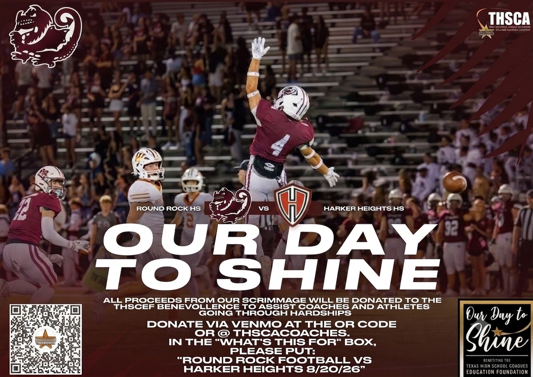 RoundRockFB's tweet photo. We’re kicking off the season by giving back with "Our Day to Shine!"

Who: Round Rock HS vs. Harker Heights HS

What: Annual football scrimmage for a cause

When: Thursday, August 20th, 2026 at 5:00 PM

Where: Dragon Stadium

How: Scan the QR code or Venmo @THSCACOACHES https://t.co/fph3KQT7uc