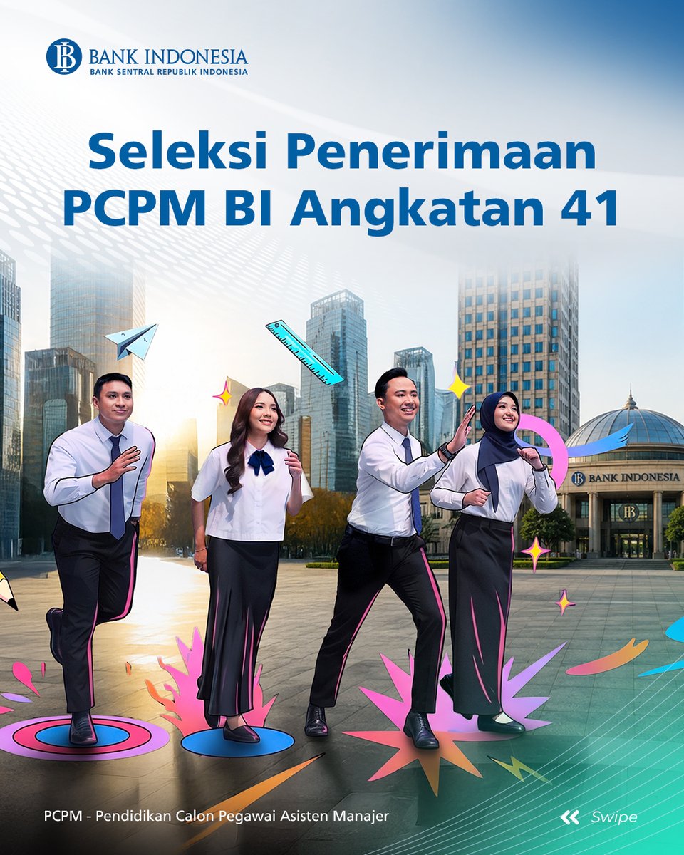 bank_indonesia's tweet photo. Seleksi penerimaan PCPM Bank Indonesia Angkatan 41 kembali dibuka! ✊🇮🇩

Kabar yang sudah ditunggu #SobatRupiah, nih! 😊
Saatnya ambil bagian bersama Bank Indonesia dan #BeriMakna bagi perekonomian negeri. Sudah siap menjadi bagian dari perjalanan ini?

Simak persyaratan dan tahapan seleksinya, lalu siapkan diri sebaik mungkin, ya!
