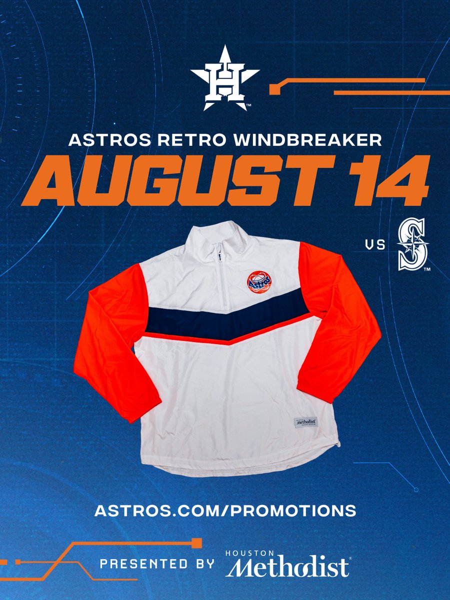 astros's tweet photo. Bringing retro back! 

Next Friday, August 14th, 10,000 fans will receive an Astros retro windbreaker presented by @MethodistHosp. See full promo calendar at the link below. https://t.co/6l9LPo3LL1