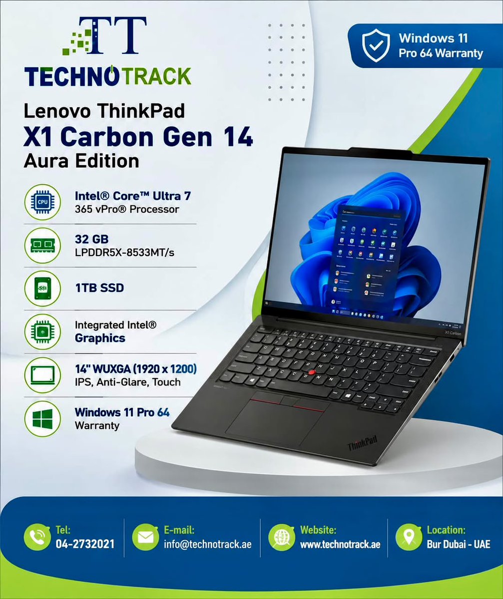 technotrackdxb's tweet photo. 💼 Premium business performance. Built for professionals.
Lenovo ThinkPad X1 Carbon Gen 14 Aura Edition: Core Ultra 7 365 vPro, 32GB LPDDR5X, 1TB SSD & 14" WUXGA Touch display. A premium choice for mobile business professionals.
#Lenovo #ThinkPad #BusinessLaptop #LaptopUAE https://t.co/qDNliRrMW3