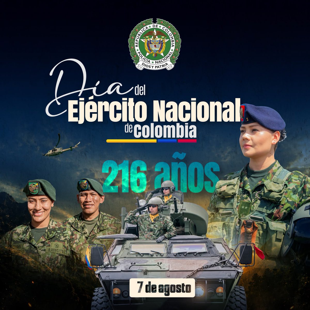 PoliciaColombia's tweet photo. 216 años de historia, honor y compromiso con Colombia. 🇨🇴

Hoy rendimos homenaje a los hombres y mujeres del @COL_EJERCITO, quienes con valentía, disciplina y amor por la patria han dedicado su vida a proteger a los colombianos. 

Desde la Policía Nacional de Colombia exaltamos su entrega y les deseamos un feliz aniversario. ¡Gracias por su servicio! #Seguridad