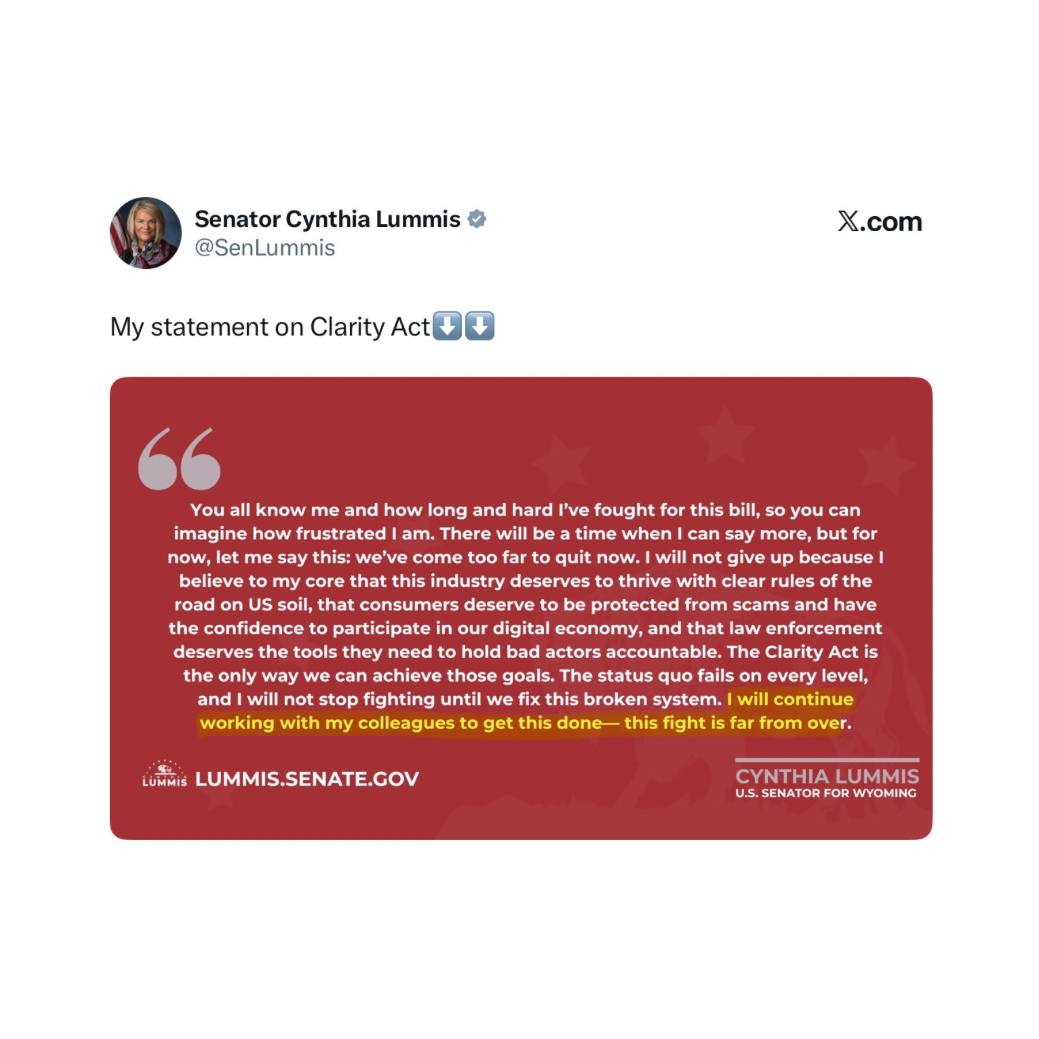 BullTheoryio's tweet photo. BREAKING: Senator Cynthia Lummis says she will keep working to get the CLARITY Act done after the Senate left for recess without a vote.

"You all know me and how long and hard I've fought for this bill, so you can imagine how frustrated I am." https://t.co/M9bbLVHrp7