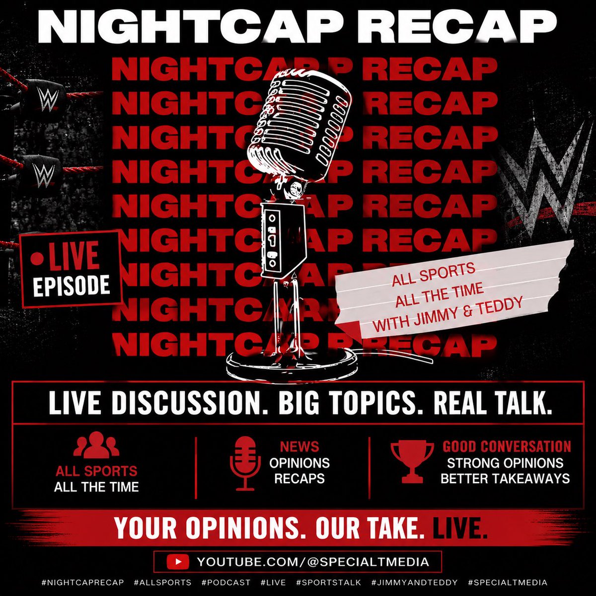 specialTmedia's tweet photo. 🚨 LIVE Night Cap Recap 🚨

Jim Biringer &amp; Teddy Repantis are joined by @RockandNole13 for their instant reactions to WWE SummerSlam!

🔥 Which night was better?
👀 Has WWE’s landscape changed?

📺 Watch now:
https://t.co/f2xHZTz2AW

#NightCapRecap #SummerSlam #WWE #WWERaw https://t.co/s61KliXx93