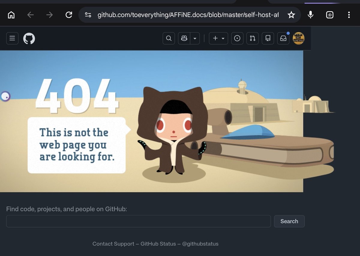 Queer_Fae_Witch's tweet photo. @AFFiNEOfficial @elest_io Shame your all 6 links on your documentation page  keep leading to a 404 page! Doesn't give one much confidence 😁 https://t.co/ro4RV1YARI