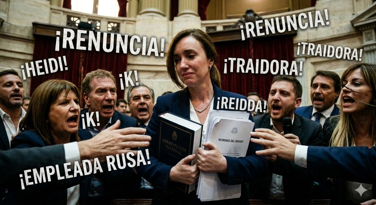 esteban68594414's tweet photo. ¡RESISTENCIA INSTITUCIONAL! 🇦🇷 Mientras la jauría grita y agrede con epítetos absurdos, Victoria Villarruel se aferra con firmeza a la Constitución Nacional y al reglamento del Senado. ¡No cedas ante la presión! ¡Fuerza, Victoria! 💪🔥#NoRenuncies #NoTeRindas #FuerzaVictoria https://t.co/4JL6uJh8rC