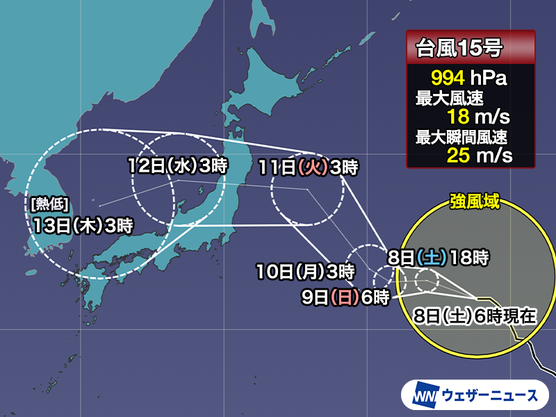 wni_jp's tweet photo. 【台風情報】
8月8日(土)6時現在、大型の台風15号(チャンホン)は日本のはるか東を西寄りに進んでいます。

今後の進路にはまだ不確実性がありますが、来週前半には本州の東の海上を北西へ進み、11日(火)から12日(水)頃にかけて東北地方に接近・上陸する可能性があります。
https://t.co/K45LRNfqpc https://t.co/u8jbgSTg2f