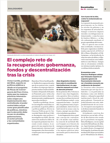 ForoCivicoVzla's tweet photo. Gobernanza en la crisis: @VictorGCarrillo (@IESA) propone una recuperación descentralizada donde el Estado planifique, pero alcaldías, gremios y ONG ejecuten. Es vital el control ciudadano y la transparencia sobre fondos de emergencia.Más en #EncontrarNos👉https://t.co/ppR38zFfF1 https://t.co/QCbCCrqQ8E