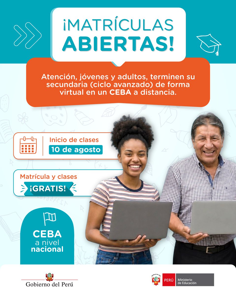 MineduPeru's tweet photo. ¡Cumple tus metas y culmina tu educación secundaria!📢✨

¿Tienes 18 años a más y no concluiste la secundaria? La forma de atención a distancia de la EBA es para ti.

Estudia desde casa y a tu propio ritmo.

📌 ¡Da el siguiente paso hoy mismo! Déjanos tus datos para más información: https://t.co/ab2Sxd22qo