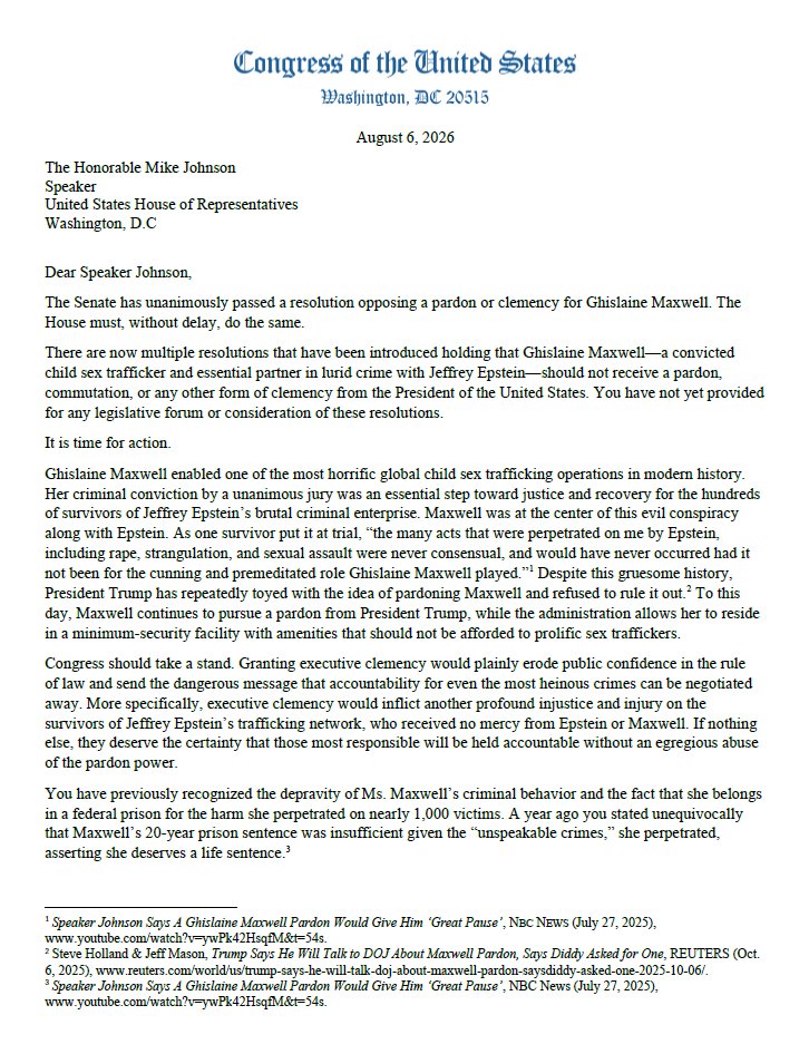 CongressmanRaja's tweet photo. The Senate unanimously agreed that Ghislaine Maxwell should not receive a pardon or any other clemency. The House must do the same.
Ranking Member Robert Garcia, Ranking Member Jamie Raskin, and I are demanding Speaker Johnson bring a resolution opposing clemency for Maxwell to a vote.